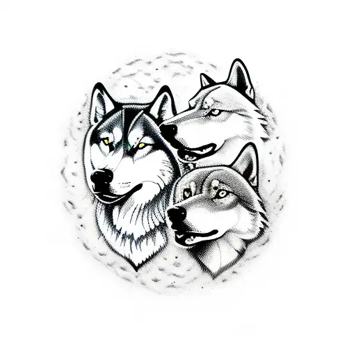 Husky and wolf silhouette howling at the moon tattoo design idea