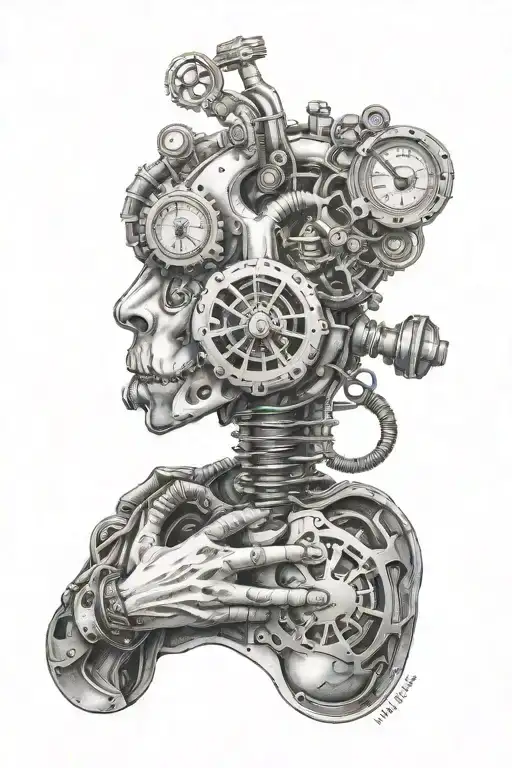 steampunk plaque doctor holding mechanical heart tattoo design idea