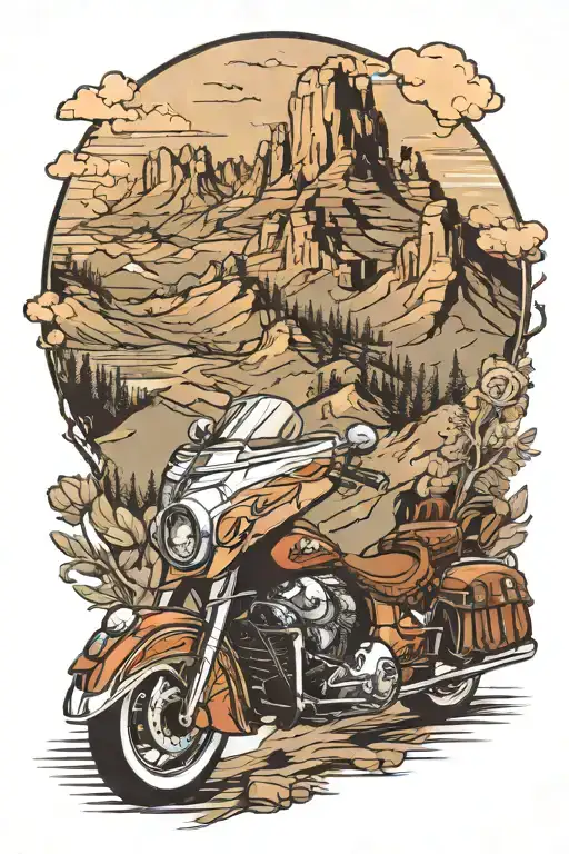 a 2019 Indian roadmaster motorcycle going through mountains tattoo design idea