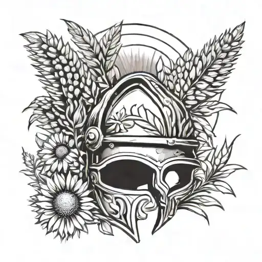 Roman helmet with wheat field and sunflower growing out of it with a sunset in the background  tattoo design idea