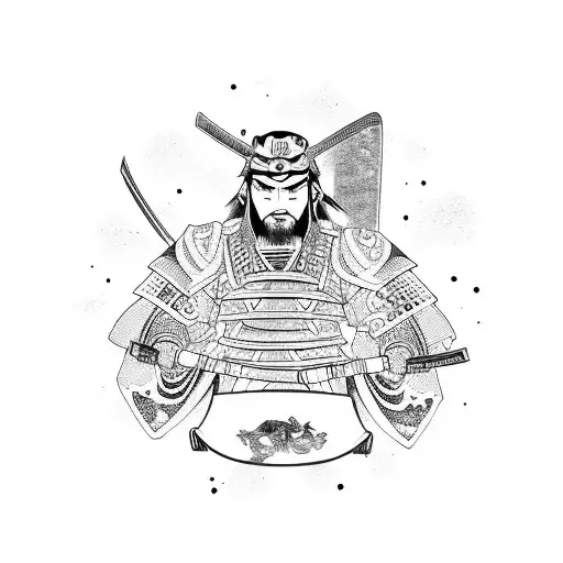 A blackwork design of a samurai warrior holding a skateboard and surrounded by anime-inspired elements tattoo design idea