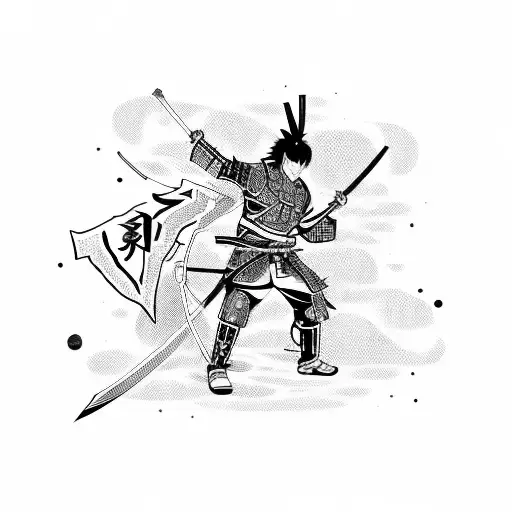 A dynamic scene of a samurai warrior playing an electric guitar surrounded by anime characters tattoo design idea