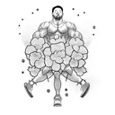 A dotwork tattoo of a personal trainer lifting weights with a backdrop of Japanese cherry blossoms tattoo design idea