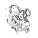 A dotwork tattoo of a personal trainer lifting weights with a backdrop of Japanese cherry blossoms tattoo design idea