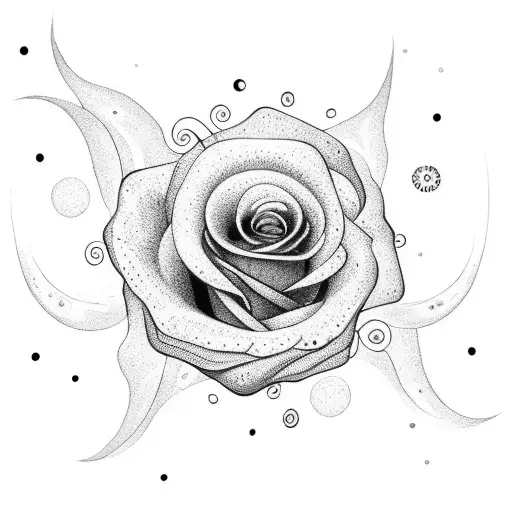 A dotwork tattoo of a rose blooming into a galaxy, with planets and stars inside the petals tattoo design idea