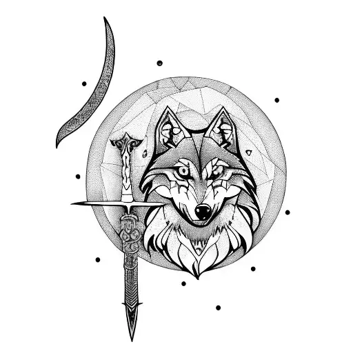 wolf moon sword tattoo design idea