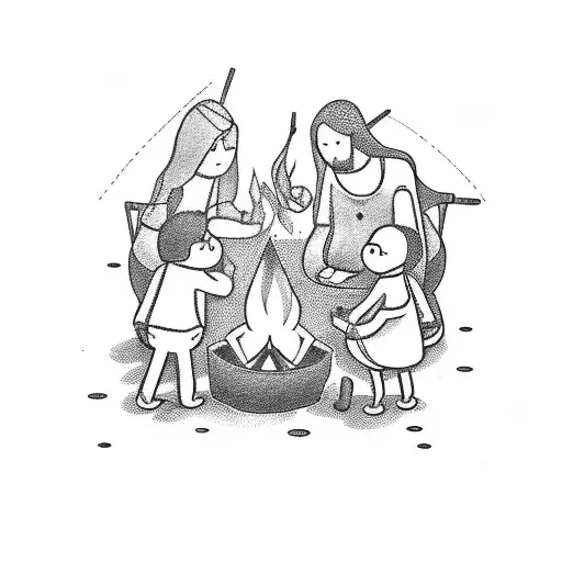 A tattoo of a family gathering around a campfire with cooking utensils and ingredients scattered around tattoo design idea