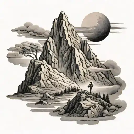 A detailed black and grey tattoo of a mountain scene, with a subtle image of a mother figure and Jesus standing at the summit tattoo design idea