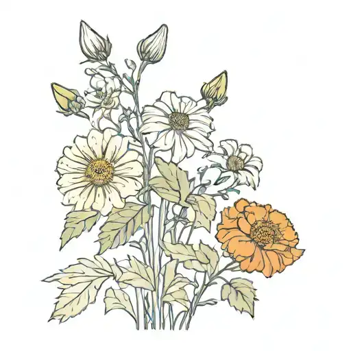Marigold flower and cosmos with holly and narcissus flower  tattoo design idea