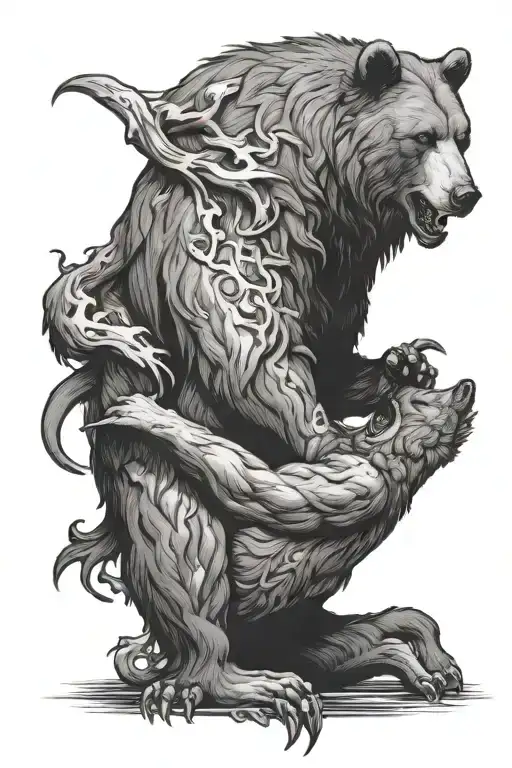 bear fighting with wolf tattoo design idea