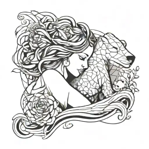 stick figure girl with flowers in her hair playing with polar bear cub and waves around them tattoo design idea