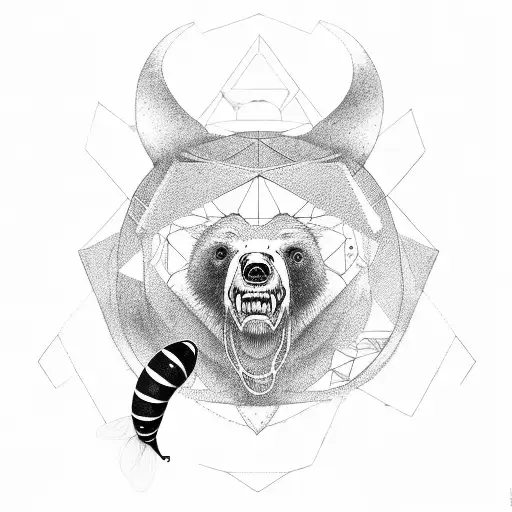 3 animals: a bear, a wasp and a hien in an triangle separated one by one by three triangles tattoo design idea