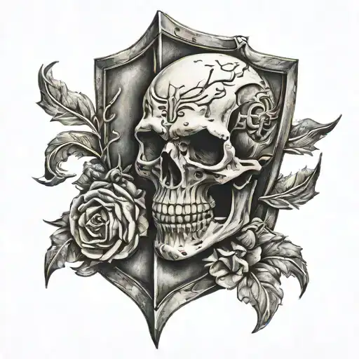 shield with realistic skull tattoo design idea