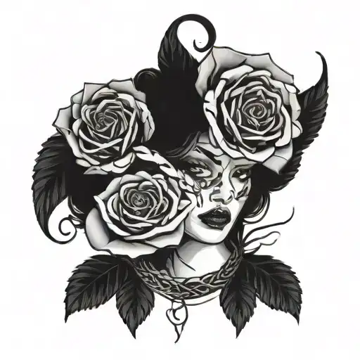roses, woman eyes, serpent tattoo design idea