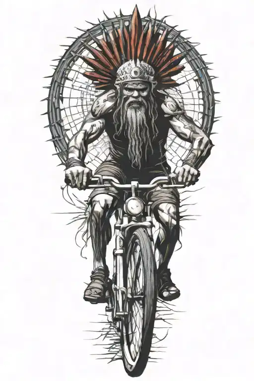 indian warrior riding road bike trail winding tattoo design idea