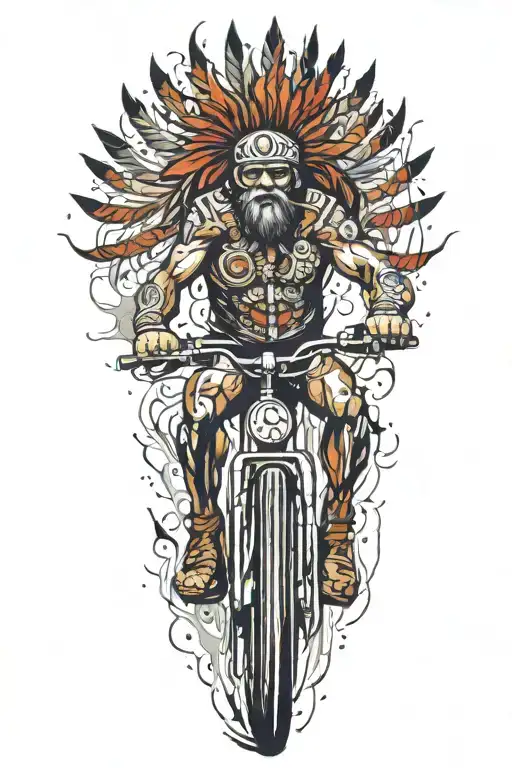 indian warrior riding road bike trail winding tattoo design idea