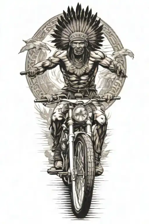 indian warrior riding road bike trail winding tattoo design idea