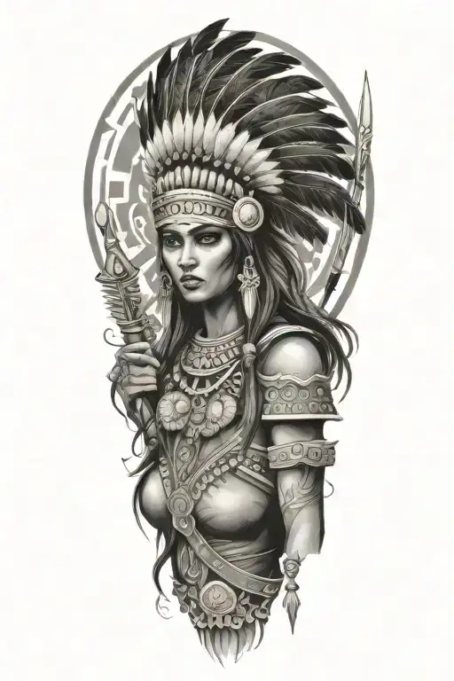 indian warrior surrounded stylus femme tattoo design idea
