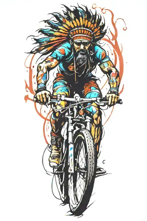 indian warrior riding road bike trail winding tattoo design idea