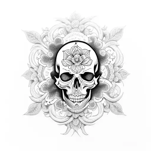 A hauntingly beautiful skull adorned with intricate floral patterns inspired by Florence The Machine's music tattoo design idea