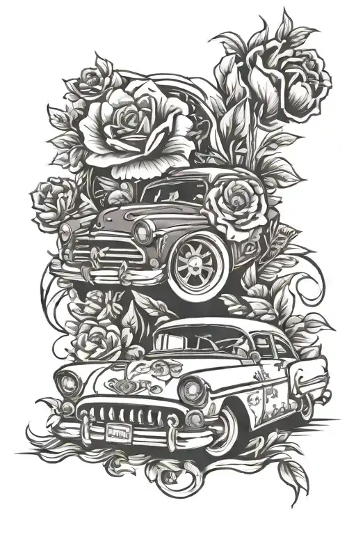 oldschool Cars rockabilly flowers tattoo design idea