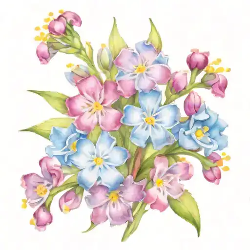 Myosotis bouquet with 11 flowers or buds in a graffiti style tattoo design idea