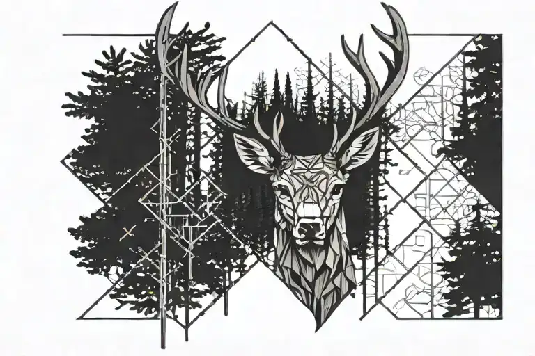 Forest blackout symmetrical geometric  deer face tattoo design idea