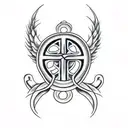 A catholic cross wrapped in vines with wings tattoo design idea