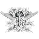 A catholic cross wrapped in vines with wings tattoo design idea