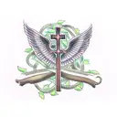 A catholic cross wrapped in vines with wings tattoo design idea