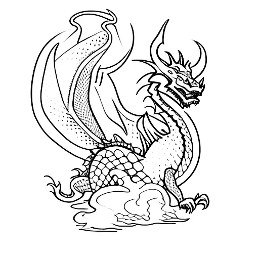 A dotwork tattoo of a dragon and Tom Shelby sharing a joint tattoo design idea