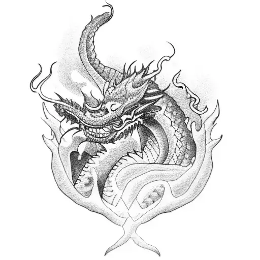 A dotwork tattoo of a dragon and Tom Shelby sharing a joint tattoo design idea