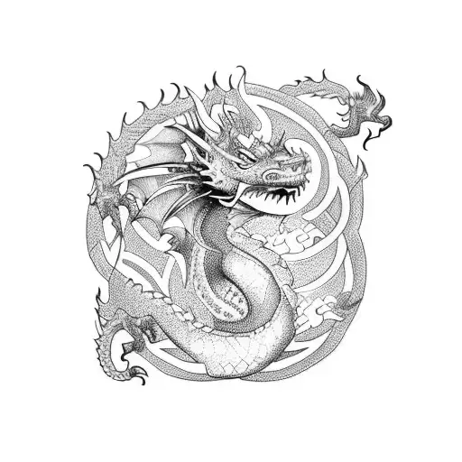 A dotwork tattoo of a dragon and Tom Shelby sharing a joint tattoo design idea