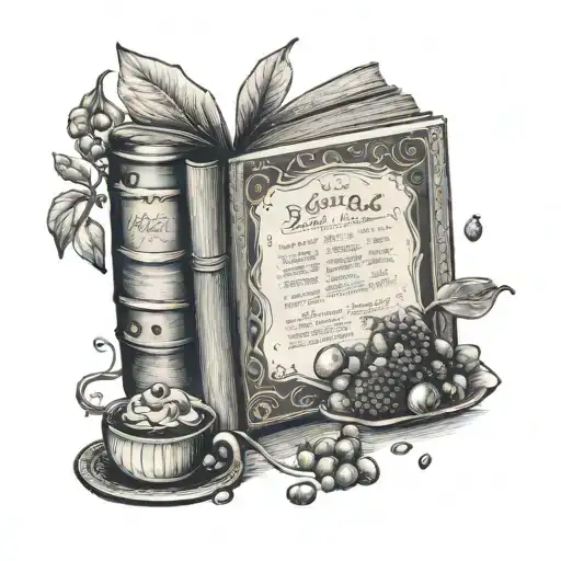 An intricate tattoo design of a recipe book with the favorite dishes of Mischa & Layla illustrated on the pages tattoo design idea