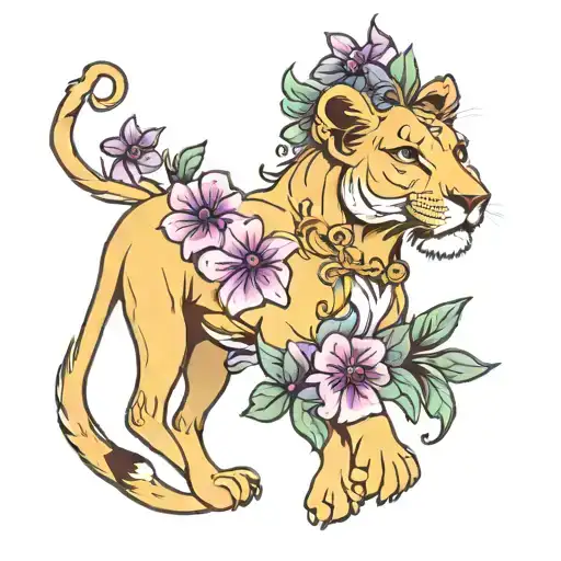 Lioness with violets tattoo design idea