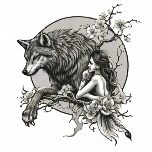 A fairy and wolf intertwined in a BDSM-inspired design  with native feathers full moon and cherry blossom tree  tattoo design idea