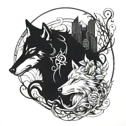 A fairy and wolf intertwined in a BDSM-inspired design tattoo design idea