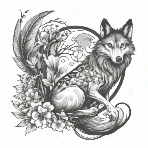 A fairy and wolf intertwined in a BDSM-inspired design  with native feathers full moon and cherry blossom tree  tattoo design idea