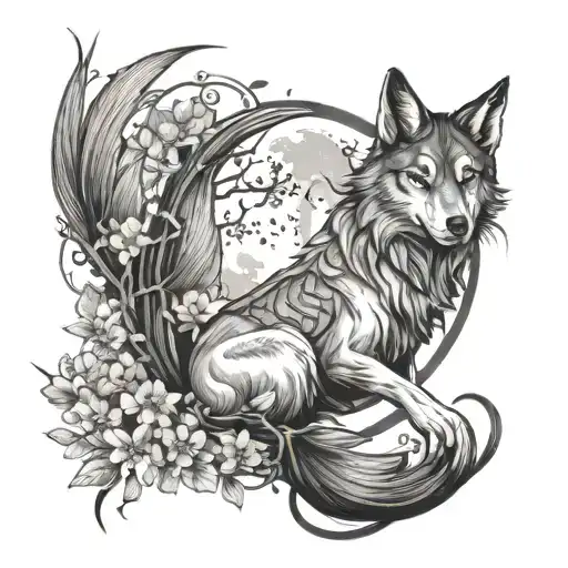 A fairy and wolf intertwined in a BDSM-inspired design  with native feathers full moon and cherry blossom tree  tattoo design idea