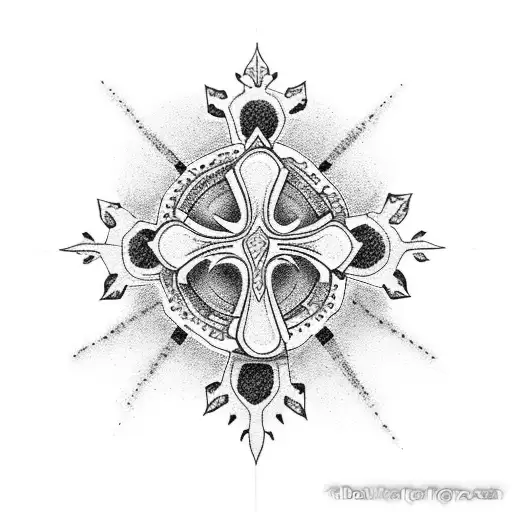 A dotwork tattoo of a cross with thorns wrapped around it tattoo design idea
