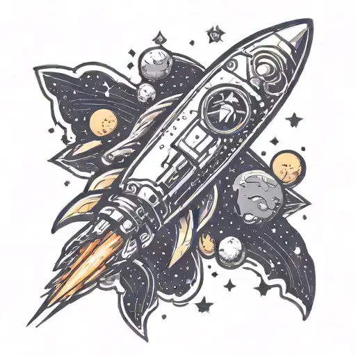 A beer bottle shaped like a rocket ship flying through space with planets and stars in the background tattoo design idea