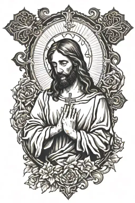 jesus praying cross surrounded tattoo design idea