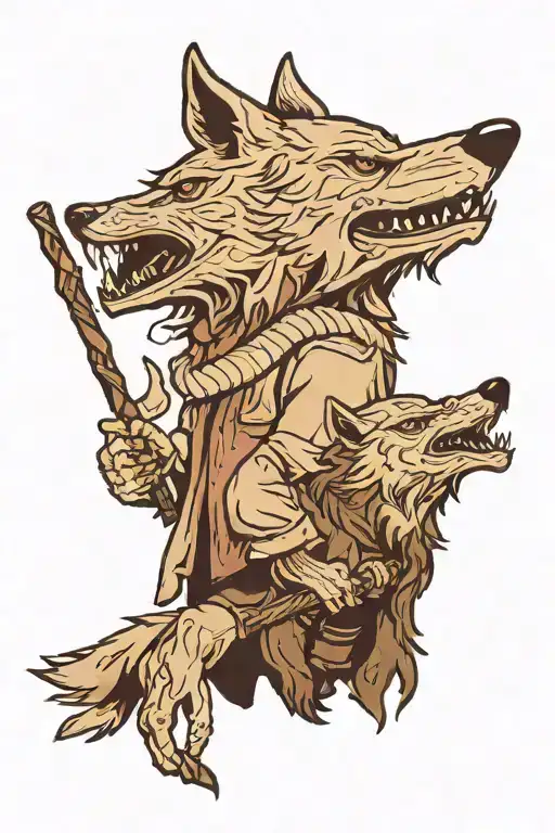 Wolf head night with old man with walking stick figure holding hand with son tattoo design idea