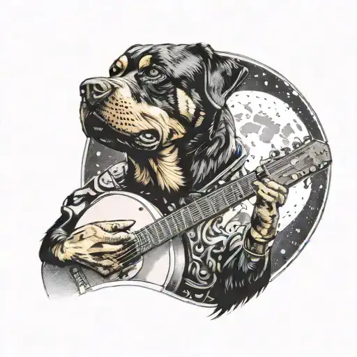 A tattoo design of a rottweiler howling at the moon with a guitar in its paw, capturing the essence of rock music and dogs tattoo design idea
