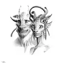 "Generate a highly realistic drawing of Jake Sully and Neytiri, characters from James Cameron's movie Avatar. Include pr tattoo design idea