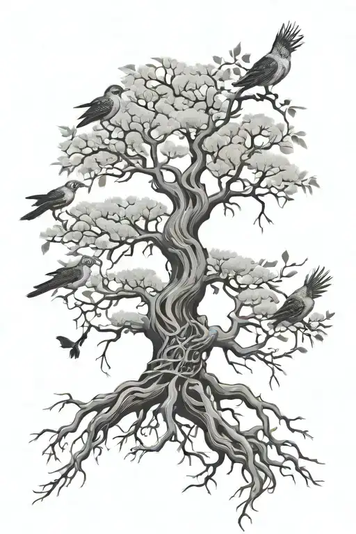 poison tree with roots and birds tattoo design idea