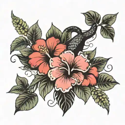 snake, couple of hibiscus and leaves on forearm, black shading tattoo design idea