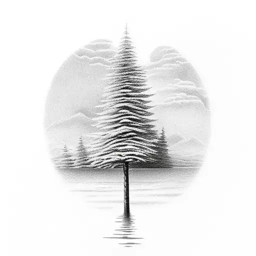 trees with lake and dock tattoo design idea