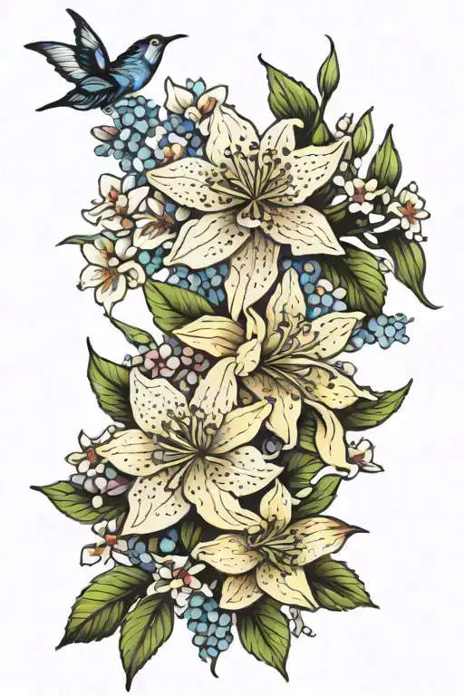 Cherry blossoms, Hydrangeas,  hyacinths,  Orchids, Daffodils, Stephanotis, Forget me nots tattoo design idea