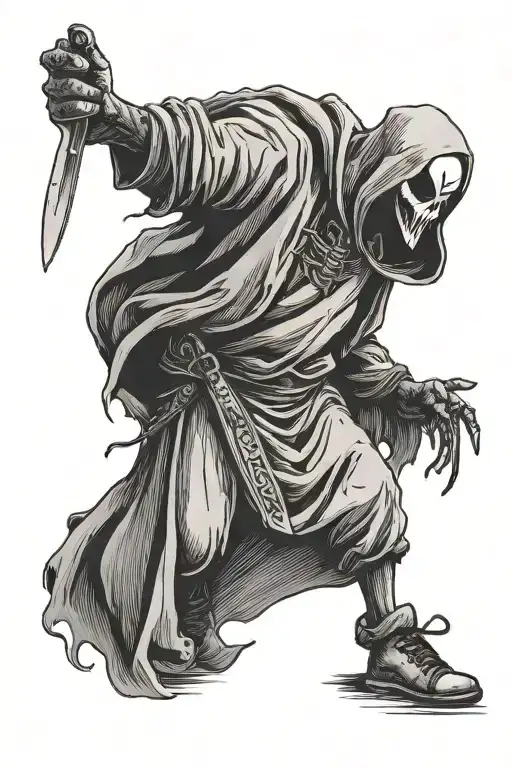 full body ghostface holding a small knife  and standing tall and still tattoo design idea